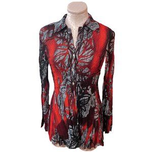 Alberto Makali Crinkle Blouse Red Gray Black Printed Button Down Top Shirt S